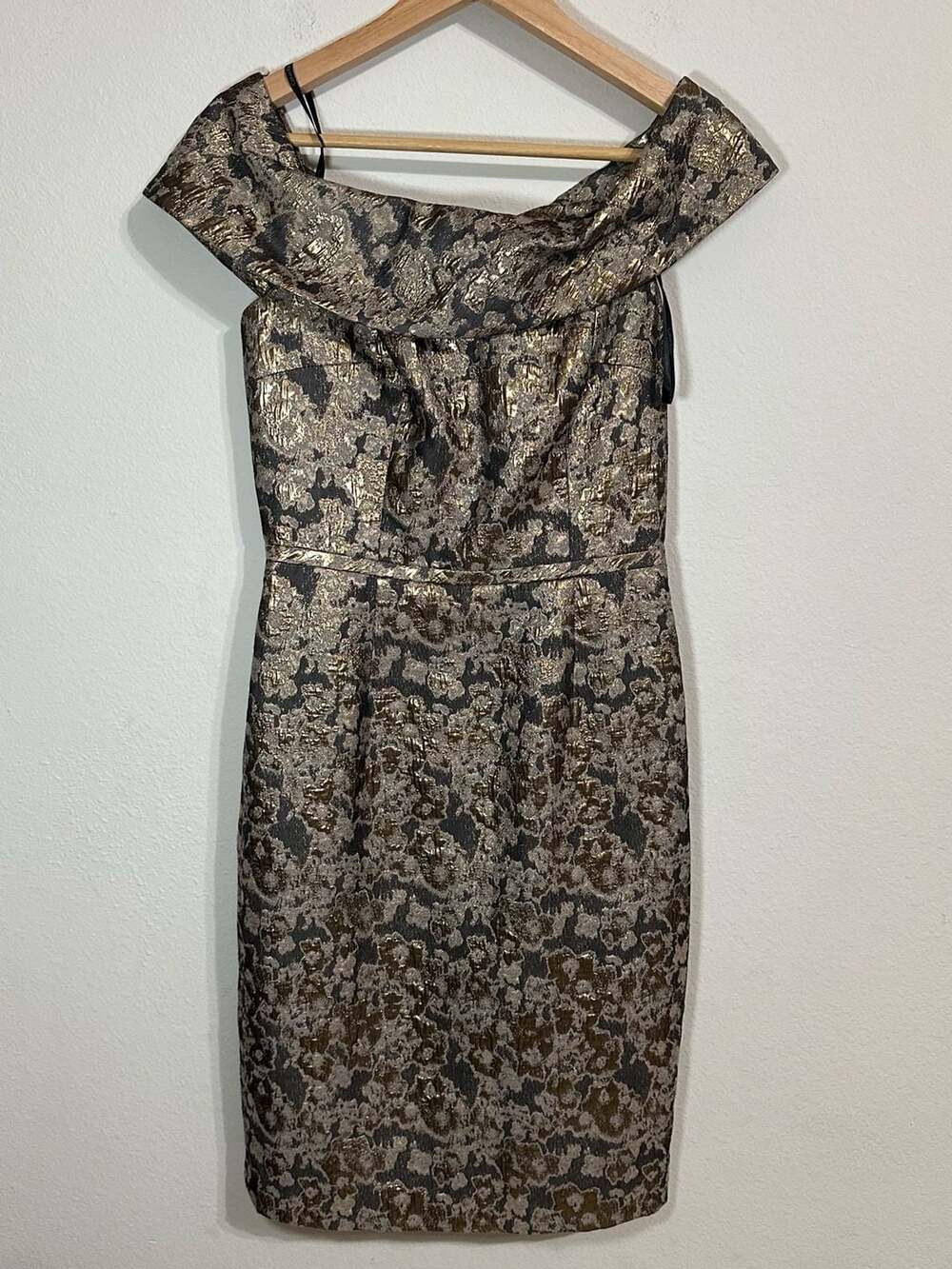 Calvin Klein Metallic Gold and Black Floral Brocade Off-the-Shoulder Sheath Dres